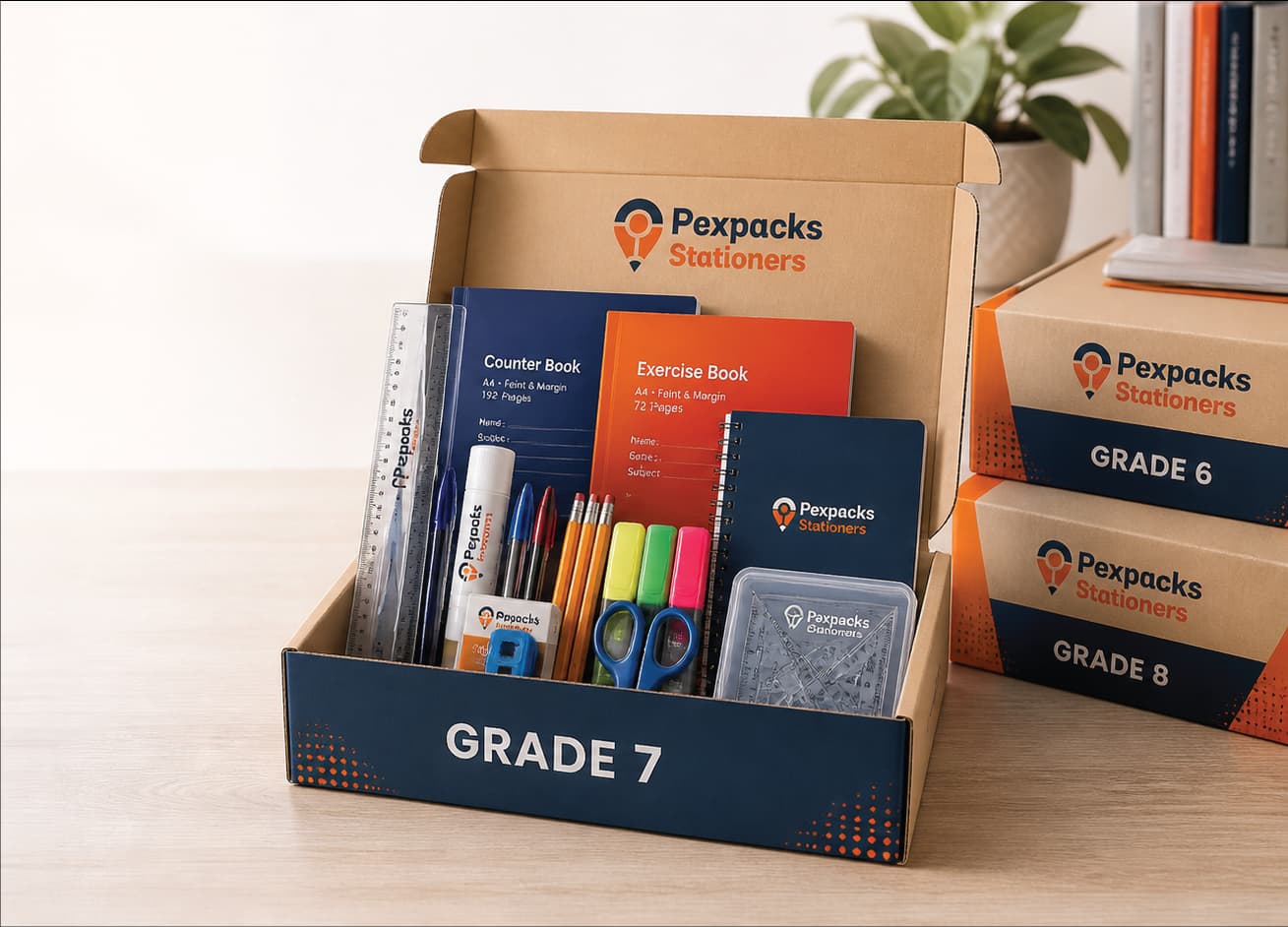 Open Pexpacks stationery box showing school supplies packed inside